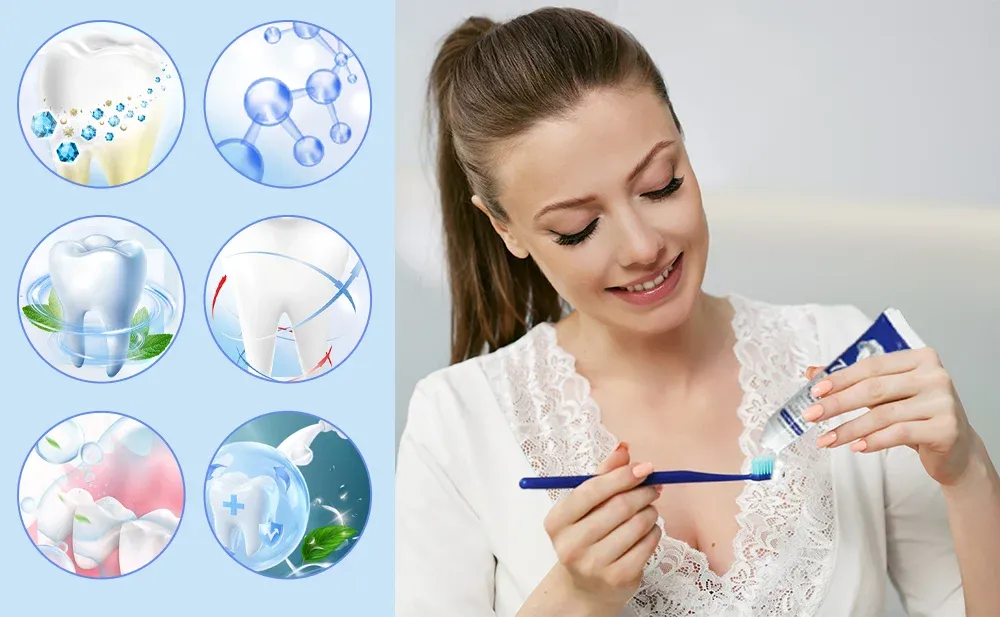 Woman applying nano hydroxyapatite toothpaste to toothbrush