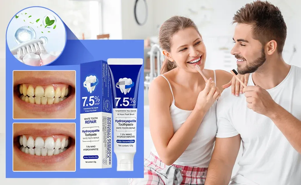 Couple using nano hydroxyapatite toothpaste