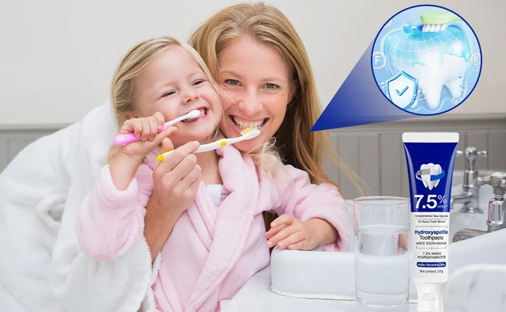 Nano hydroxyapatite toothpaste ingredients and family brushing teeth