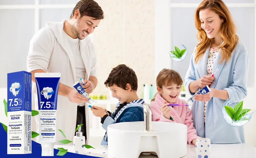 Family using natural whitening toothpaste